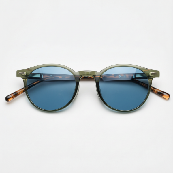 Ida Blue Tinted Lens Sunglasses - Green Round TR90 Frame