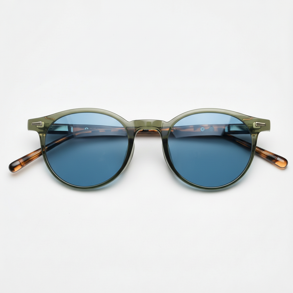 Ida Blue Tinted Lens Sunglasses - Green Round TR90 Frame