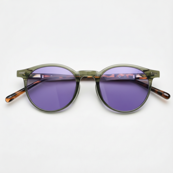 Ida Purple Tinted Lens Sunglasses - Green Round TR90 Frame