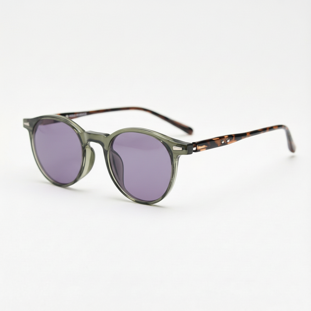 Ida Purple Tinted Lens Sunglasses - Green Round TR90 Frame
