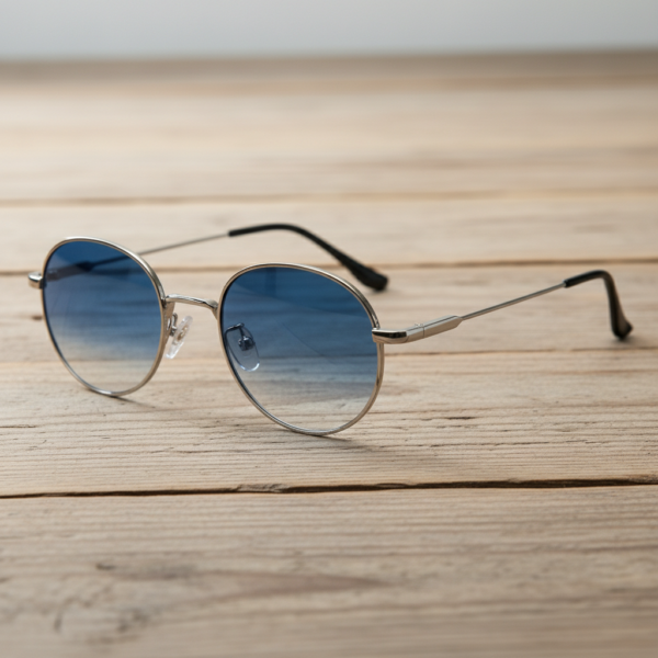 June Blue Gradient Lens Sunglasses - Silver Round Stainless steel Frame