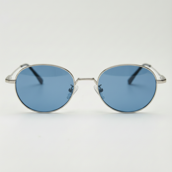 June Blue Tinted Lens Sunglasses - Silver Round Stainless steel Frame