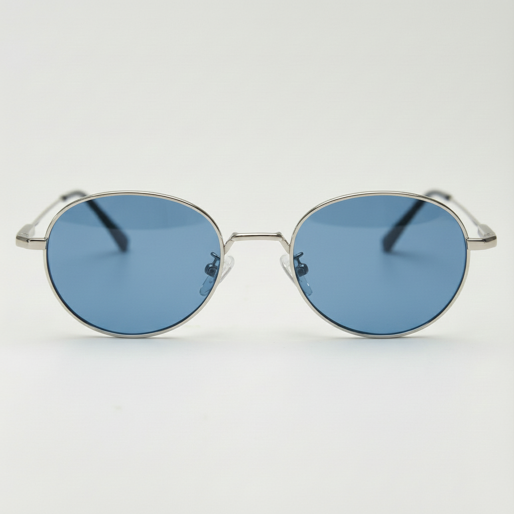 June Blue Tinted Lens Sunglasses - Silver Round Stainless steel Frame