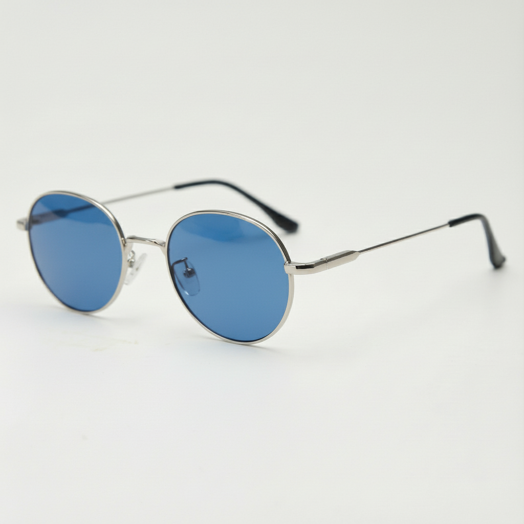June Blue Tinted Lens Sunglasses - Silver Round Stainless steel Frame