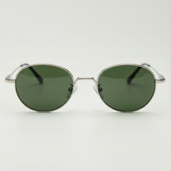 June Green Tinted Lens Sunglasses - Silver Round Stainless steel Frame