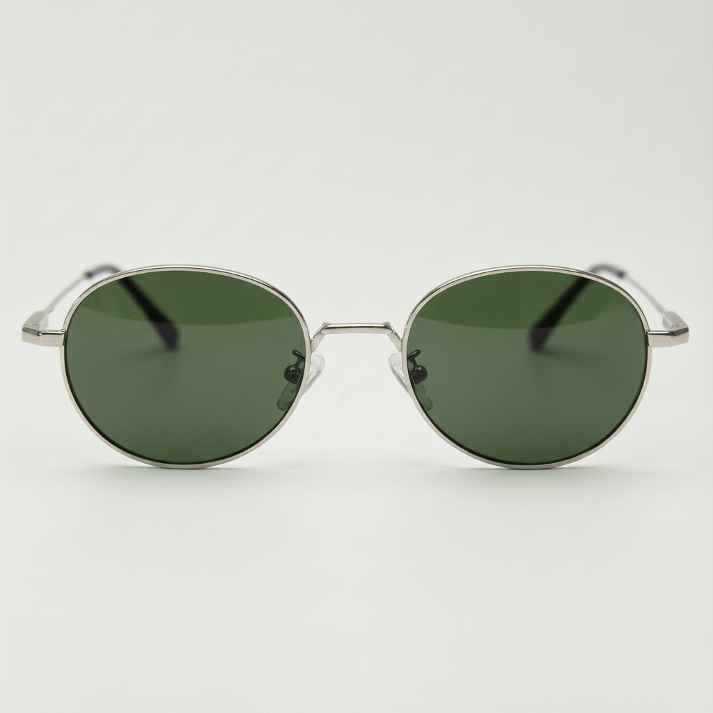 June Green Tinted Lens Sunglasses - Silver Round Stainless steel Frame