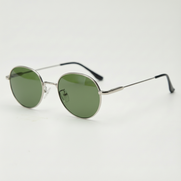 June Green Tinted Lens Sunglasses - Silver Round Stainless steel Frame