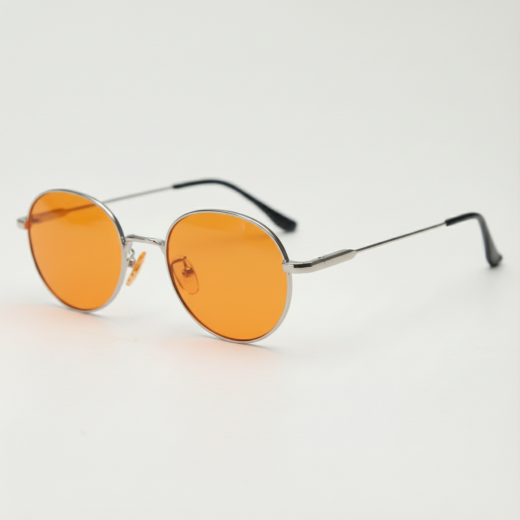 June Orange Tinted Lens Sunglasses - Silver Round Stainless steel Frame
