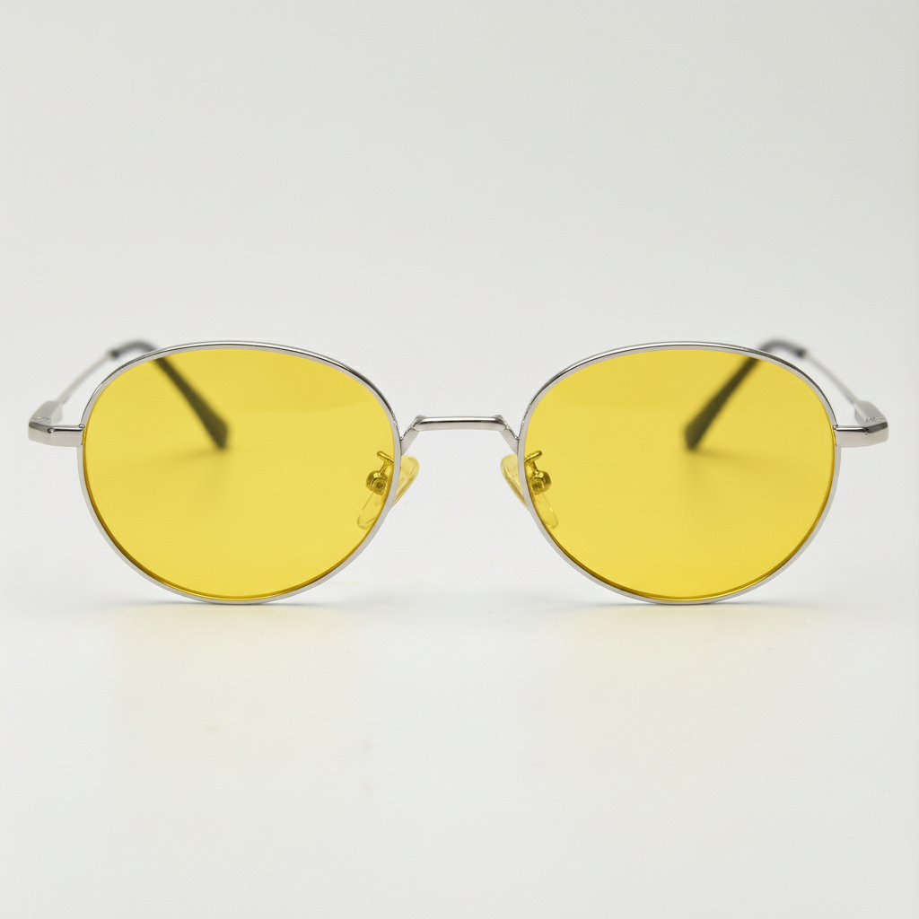 June Night Driving Glasses (Yellow Tint) - Silver Round Stainless steel Frame