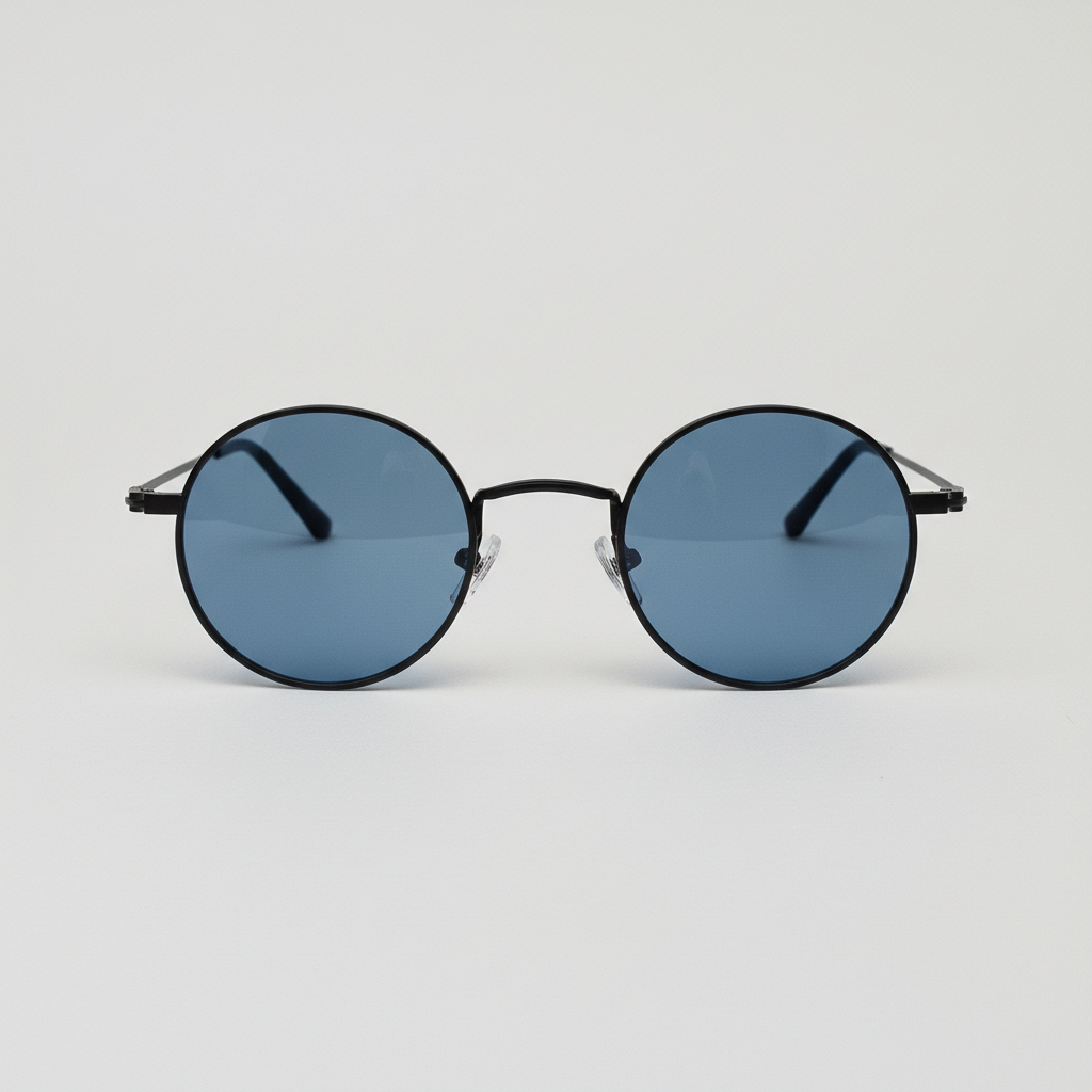 LVY Blue Tinted Lens Sunglasses - Matte black Round Titanium Frame