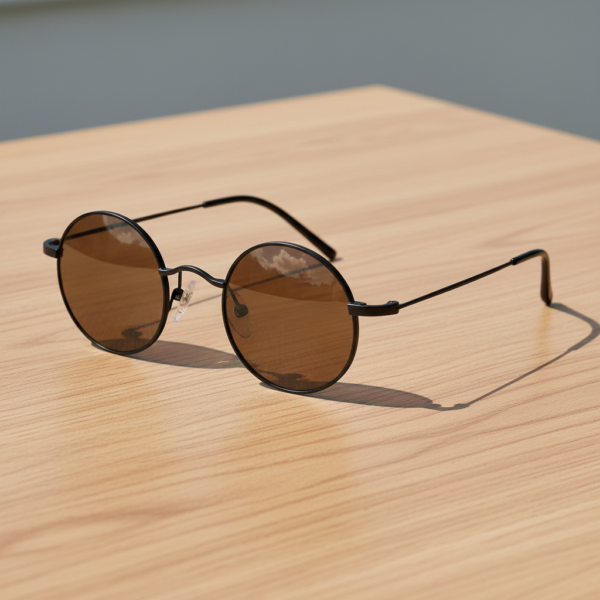 LVY Brown Tinted Lens Sunglasses - Matte black Round Titanium Frame