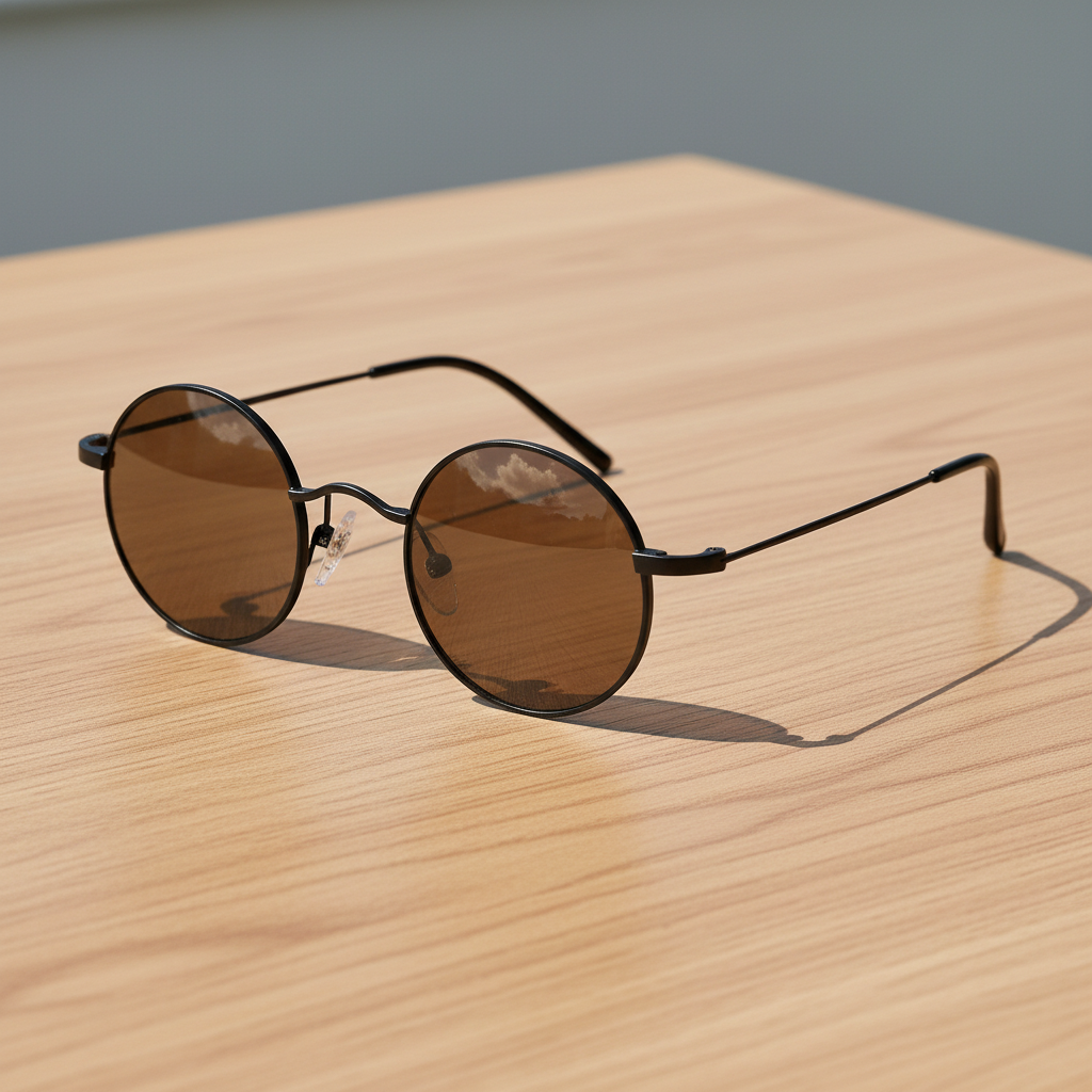 LVY Brown Tinted Lens Sunglasses - Matte black Round Titanium Frame