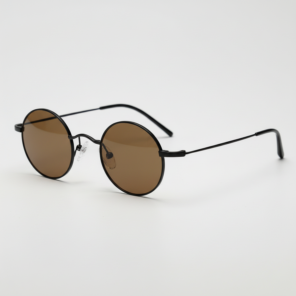 LVY Brown Tinted Lens Sunglasses - Matte black Round Titanium Frame