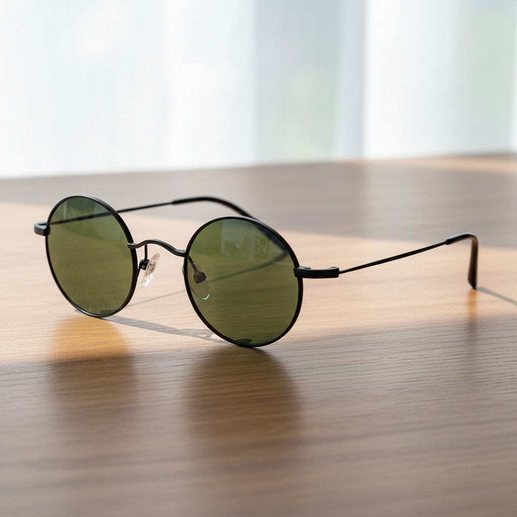 LVY Green Tinted Lens Sunglasses - Matte black Round Titanium Frame