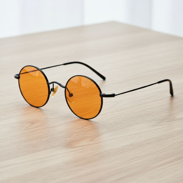LVY Orange Tinted Lens Sunglasses - Matte black Round Titanium Frame