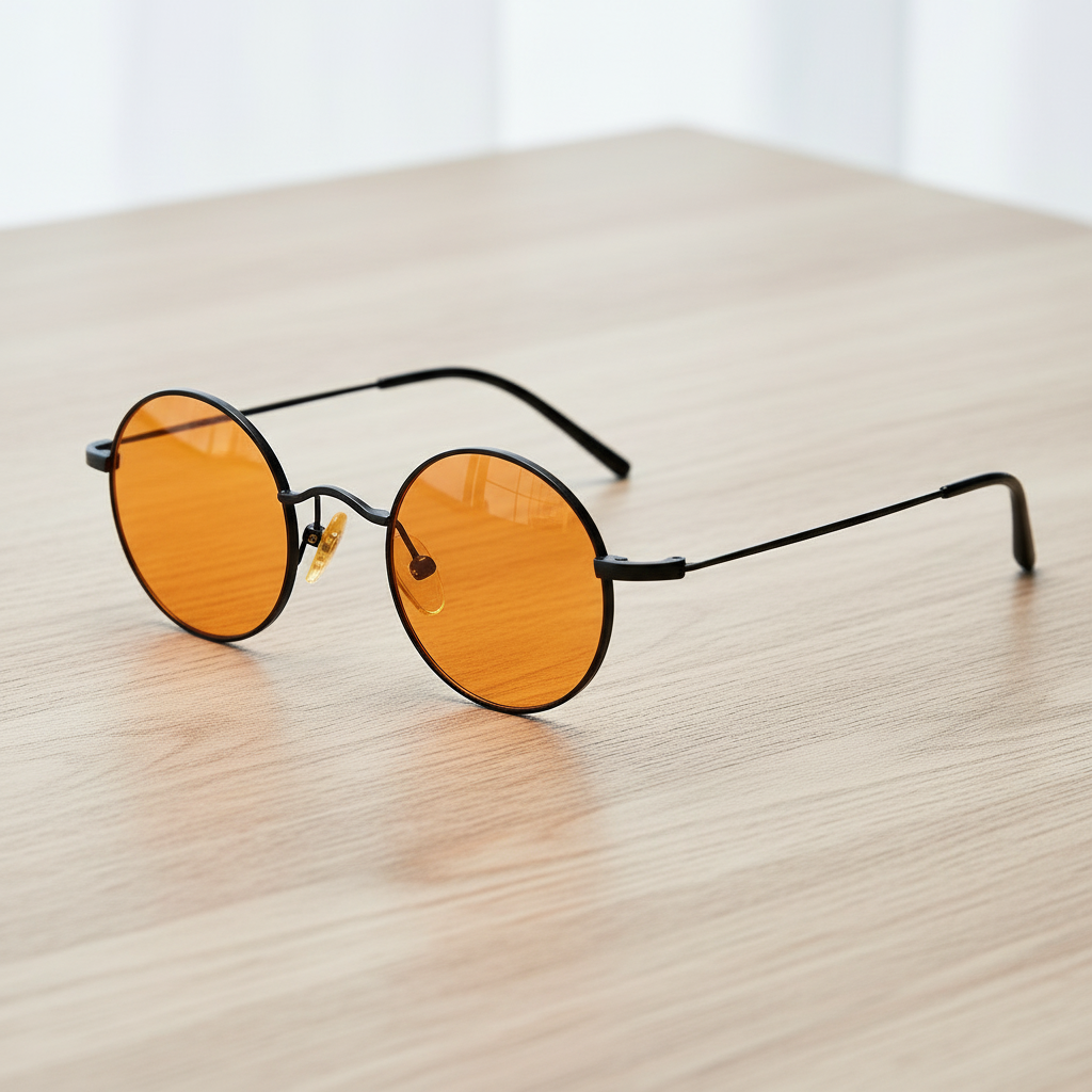 LVY Orange Tinted Lens Sunglasses - Matte black Round Titanium Frame