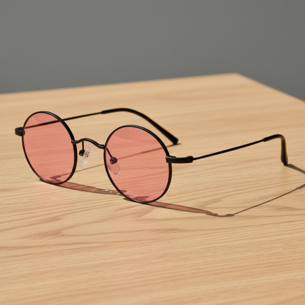 LVY Pink Tinted Lens Sunglasses - Matte black Round Titanium Frame