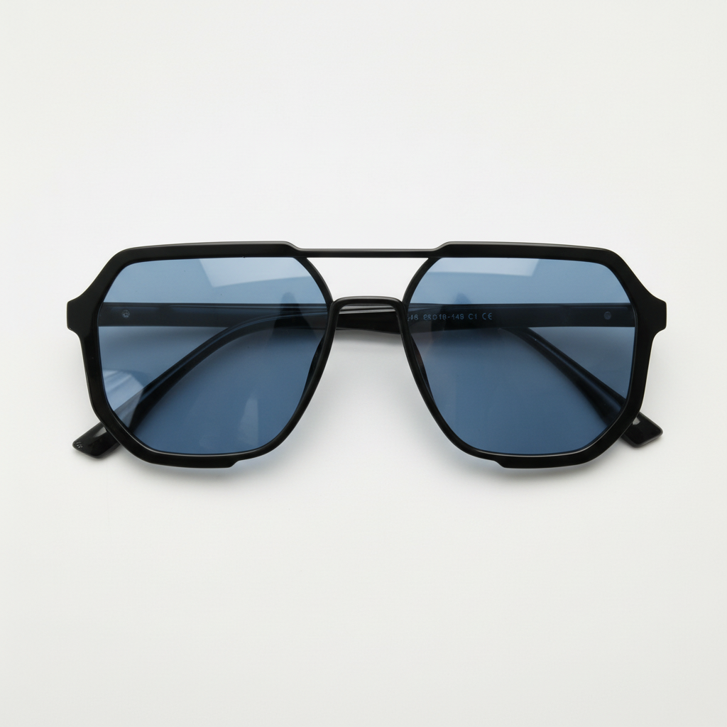 Poppy Blue Tinted Lens Sunglasses - Glossy black Geometric TR90 Frame