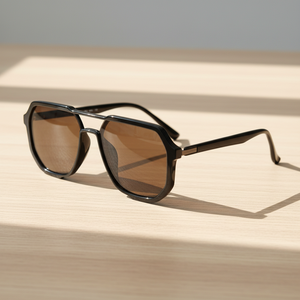 Poppy Brown Tinted Lens Sunglasses - Glossy black Geometric TR90 Frame
