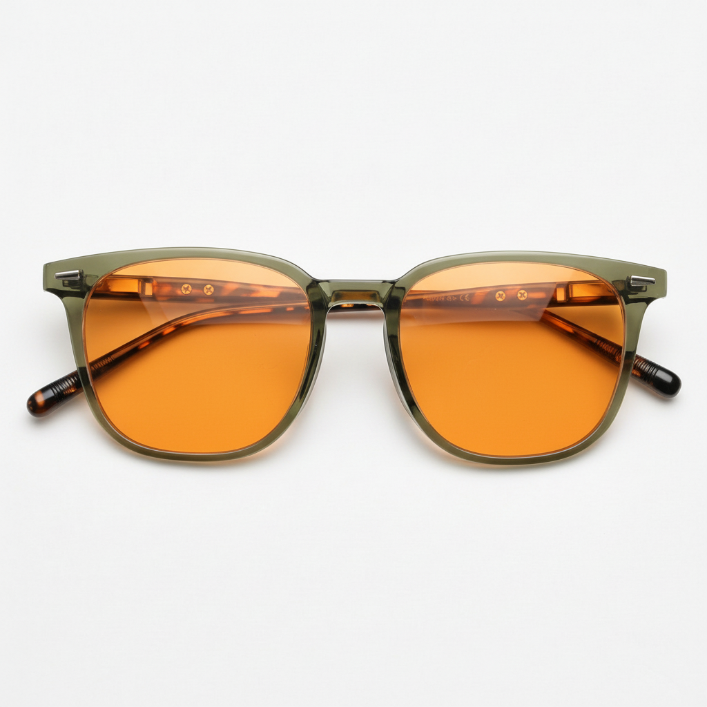 Sherry Orange Tinted Lens Sunglasses - Olive green Square TR90 Frame