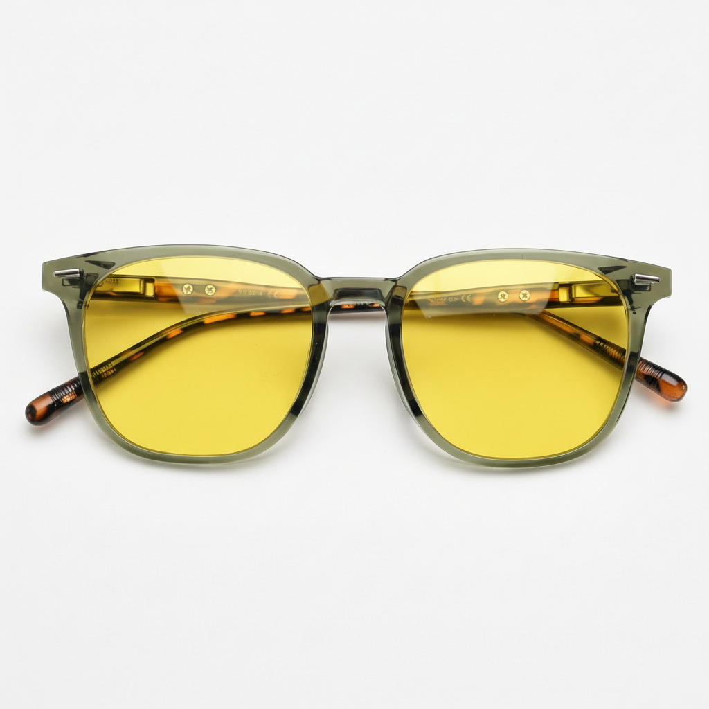 Sherry Night Driving Glasses (Yellow Tint) - Olive green Square TR90 Frame